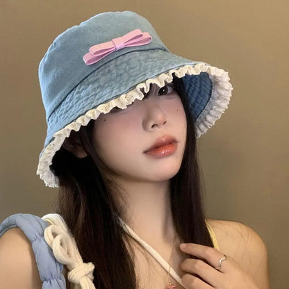 Retro Denim Bow Tie Y2K Bucket Hat