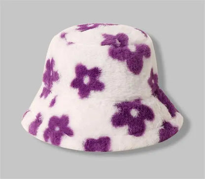 Floral Plush Furry Warm Winter Bucket Hat