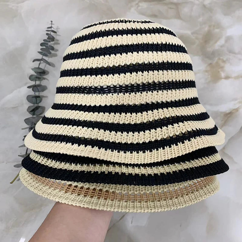 Striped Hollow Weave Breathable Summer Bucket Hat