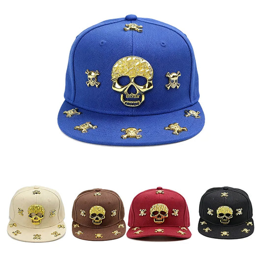 Unisex Skeleton Label Studded Wide Brim Snapback Cap