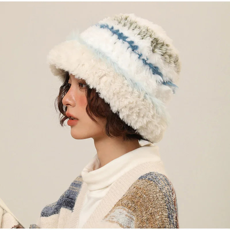 Rabbit Fur Plush Knitted Bucket Hat