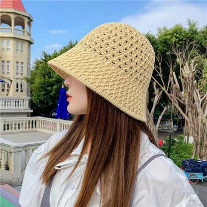 Women Wide Brim Straw Beach Bucket Hat