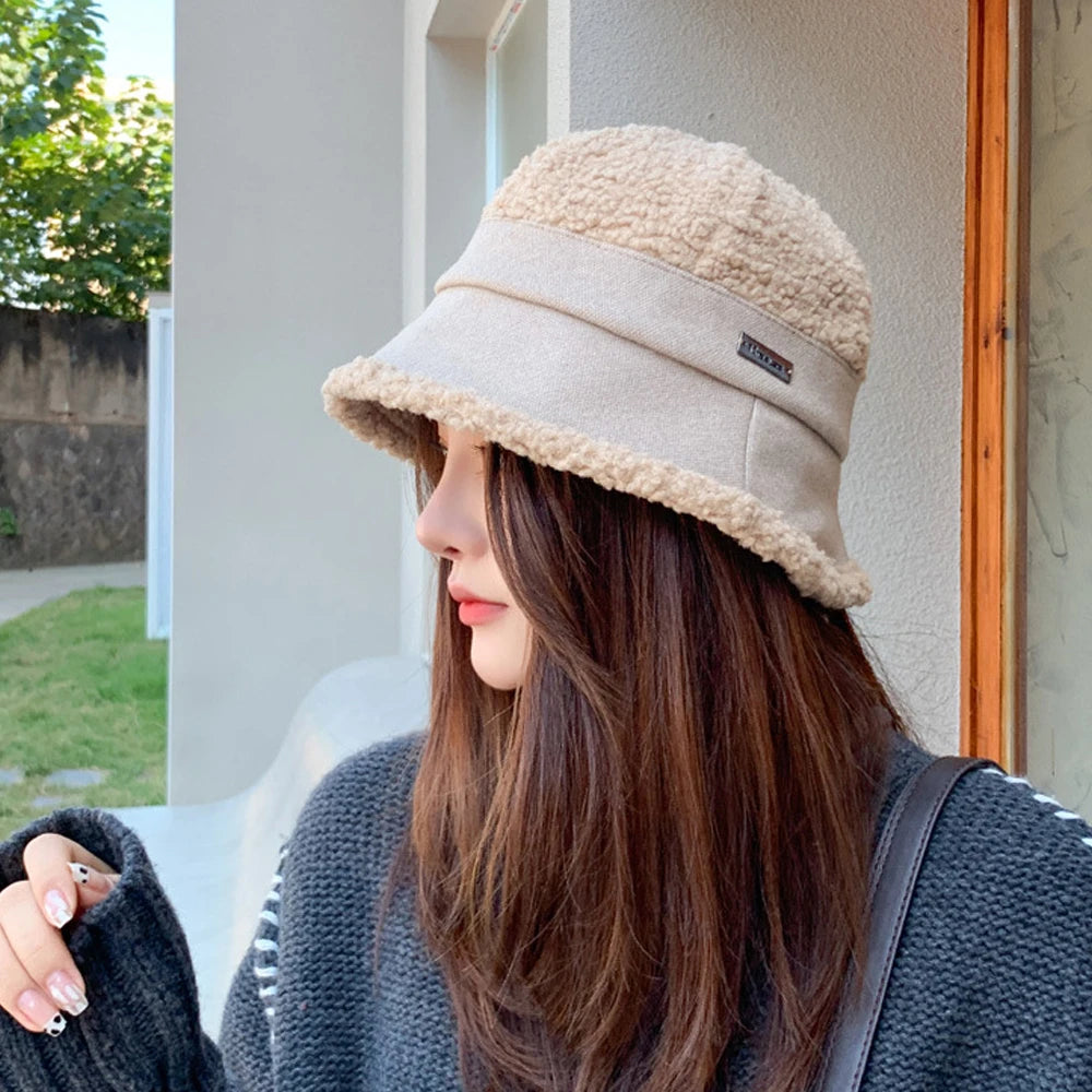 Autumn Winter Knitted Plush Warm Bucket Hat for Women