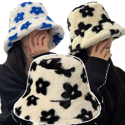 Floral Plush Furry Warm Winter Bucket Hat