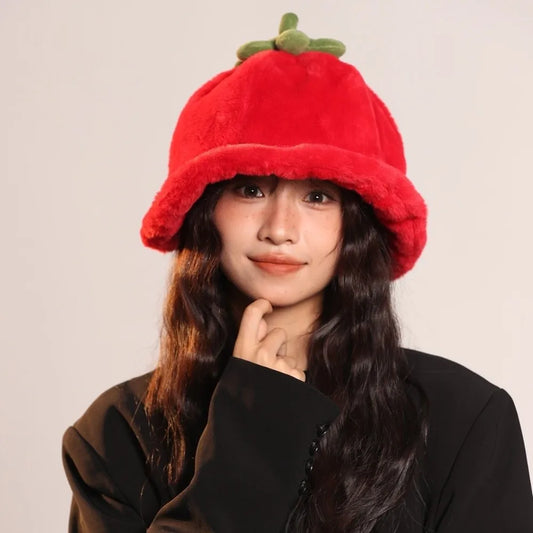 Cute Tomato Plush Winter Bucket Hat
