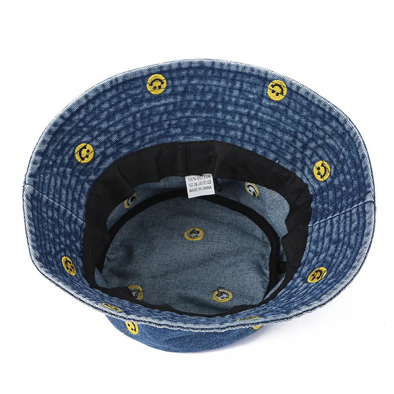 Cute Smiley Embroidered Washed Denim Summer Bucket Hat