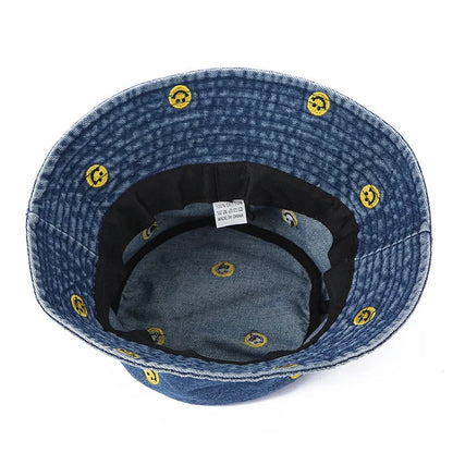 Cute Smiley Embroidered Washed Denim Summer Bucket Hat