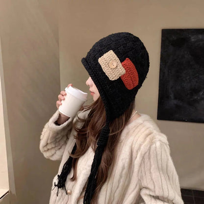 Knitted Wool Tassel Patchwork Winter Bucket Hat