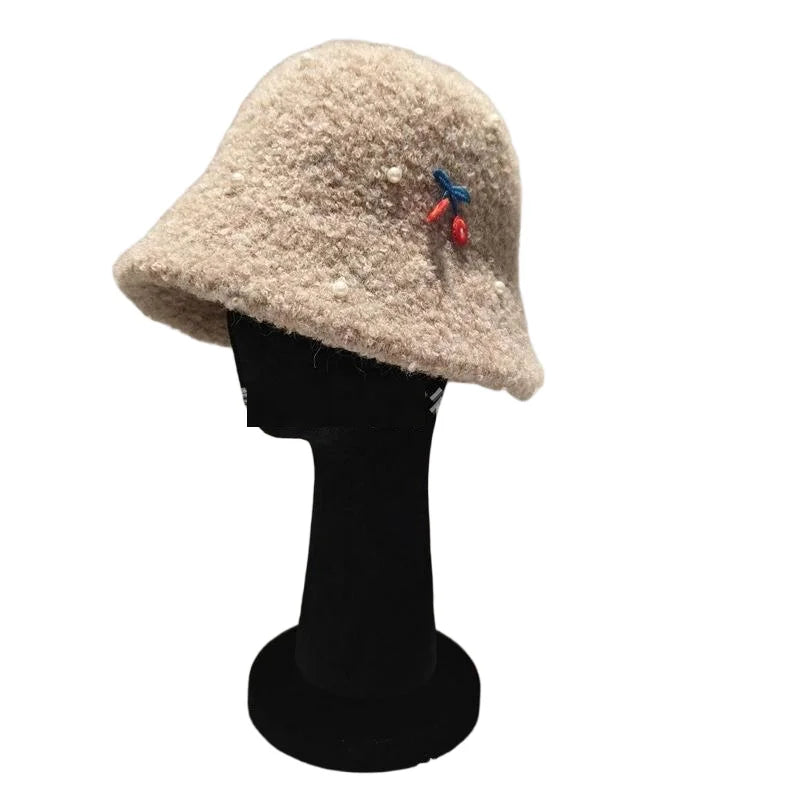 Pearl Cherry Lamb Wool Winter Bucket Hat