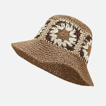 Handmade Crochet Flower Paper Straw Bucket Hat