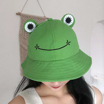 Cute Frog Embroidery Cotton Bucket Hat