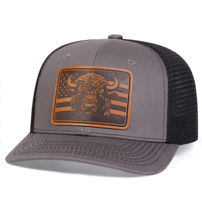 Unisex Brown Flag Bull Head Leather Label Baseball Net Caps