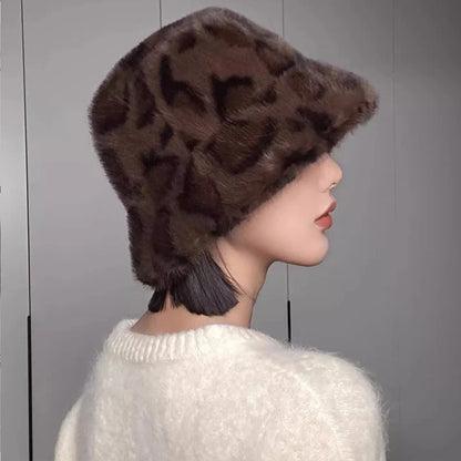 Vintage Leopard Plush Fur Winter Bucket Hat
