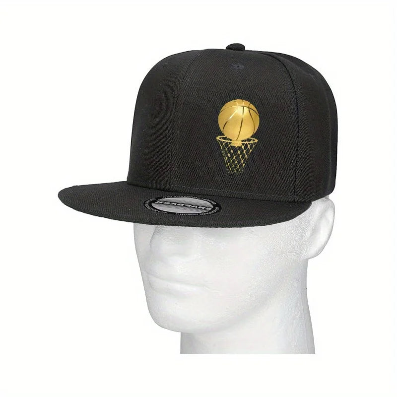 Gold Basketball Hoop Logo Flat Brim Unisex Snapback Cap