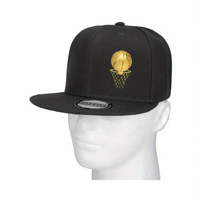 Gold Basketball Hoop Logo Flat Brim Unisex Snapback Cap