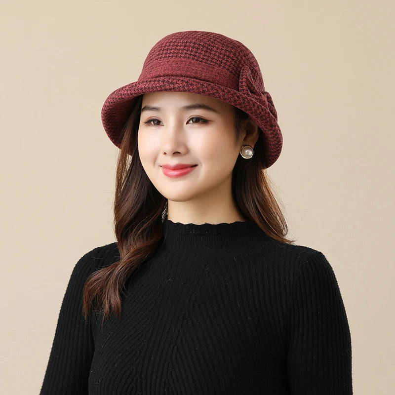 Women Houndstooth Bow Bucket Hat