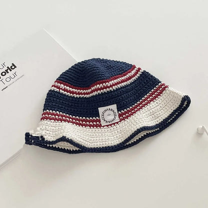 Korean Contrasting Striped Knitted Breathable Bucket Hat