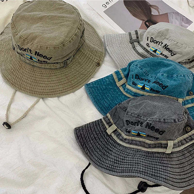 Washed Denim Letter Embroidery Unisex Bucket Hat