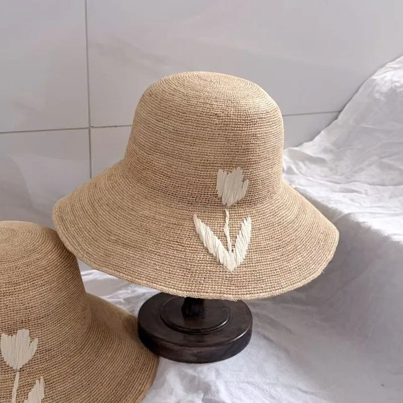 Natural Raffia Woven Wide Brim Bucket Hat