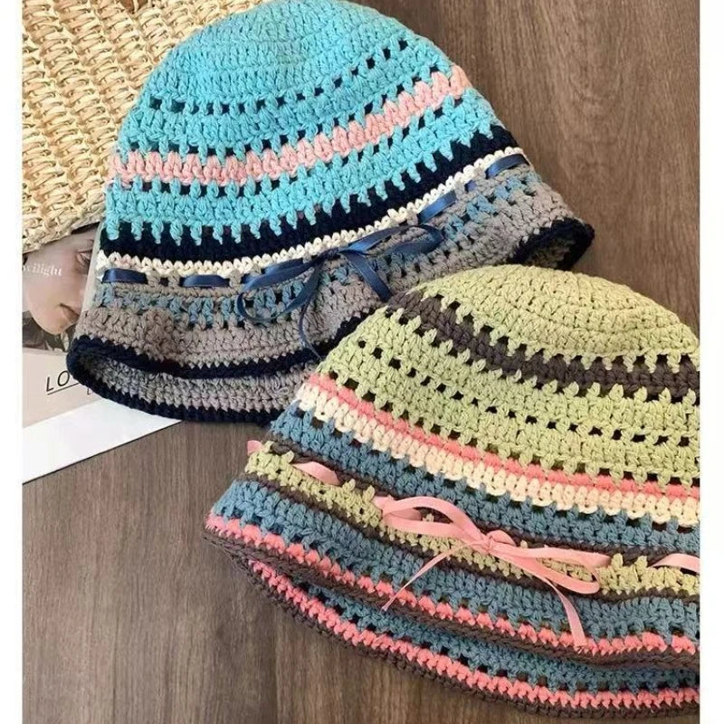 Bow Colored Knitted Hollow Travel Woolen Bucket Hat