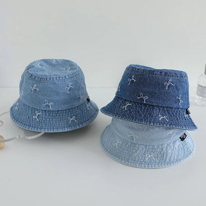 Kids Bow Denim Bucket Hat