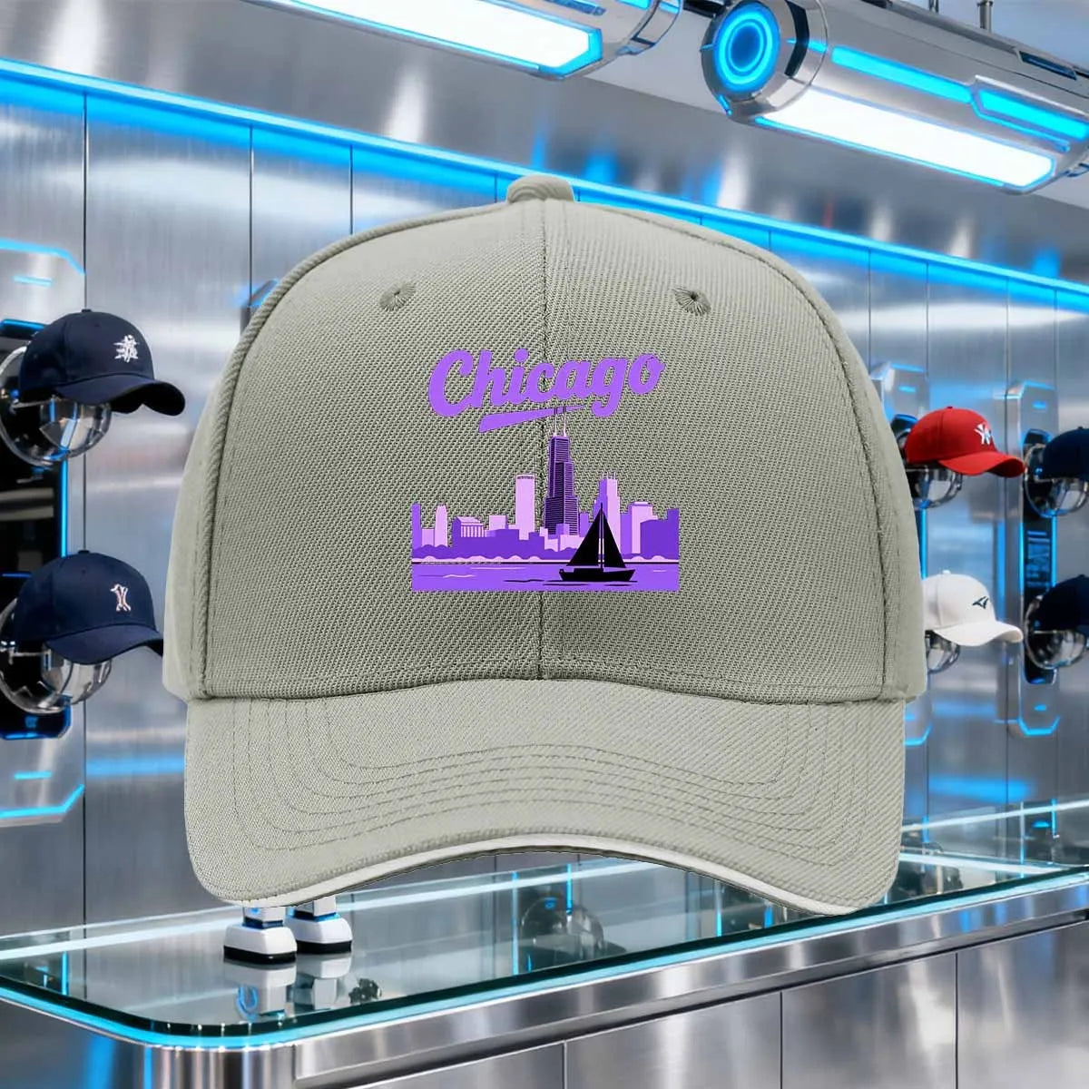 Chicago Skyline Sailboat Graphic Baseball Cap