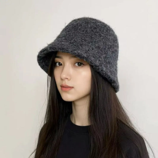 Wool Blend Knitted Plush Winter Bucket Hat