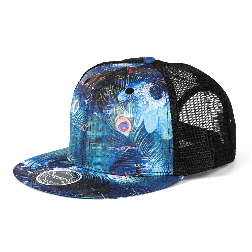 Peafowl Feather Printed Flat Visor Baseball Cap