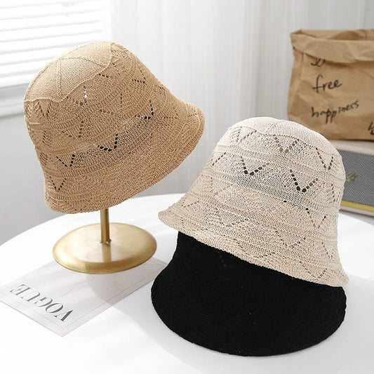 Hollow Knitted Bucket Hat Casual Sunshade Fisherman Cap Sun Hat Female Sun Cap