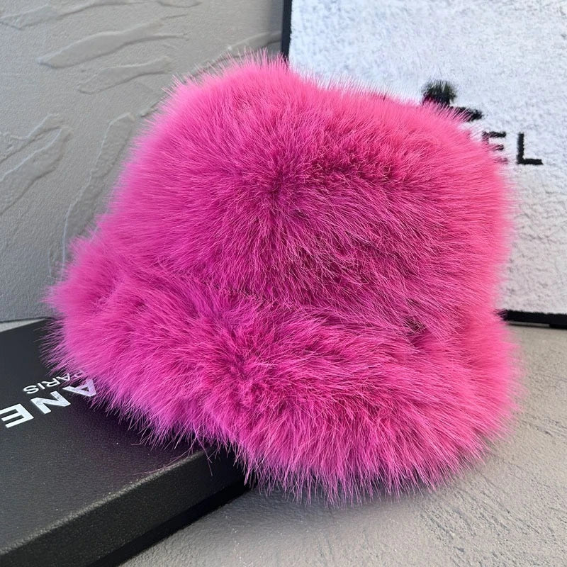 Fluffy Faux Fox Fur Winter Bucket Hat