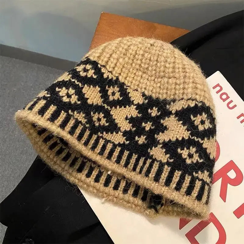 Womens Knit Wool Vintage Checkered Bucket Hat