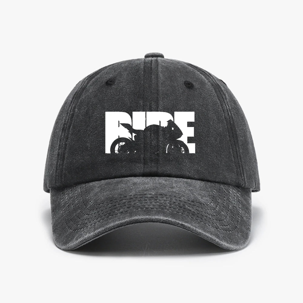 Vintage Motorcycle Print Washed Distressed Denim Baseball Cap