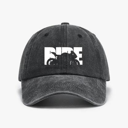 Vintage Motorcycle Print Washed Distressed Denim Baseball Cap