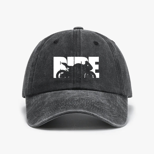 Vintage Motorcycle Print Washed Distressed Denim Baseball Cap