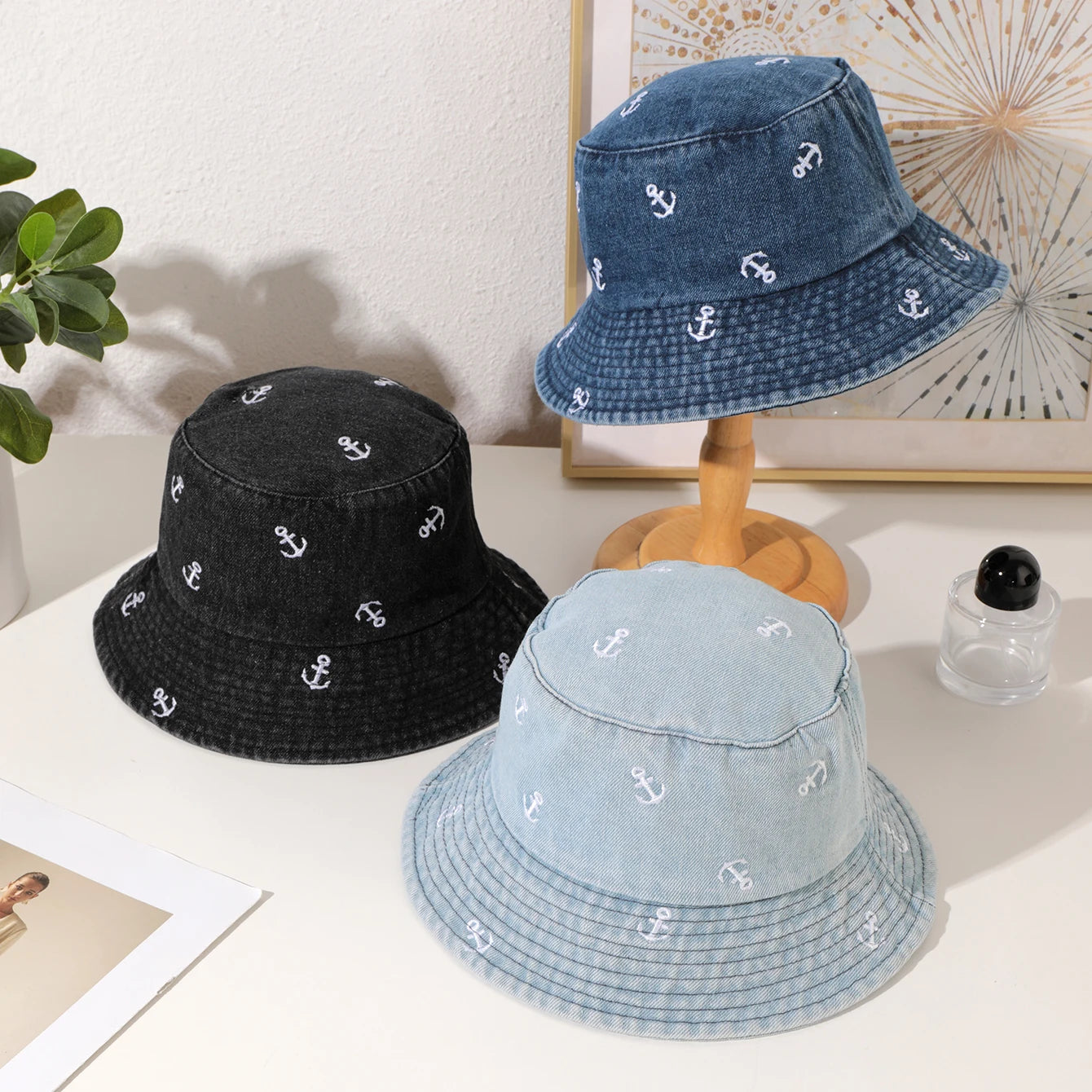 Korean Washed Denim Anchor Fisherman Bucket Hat