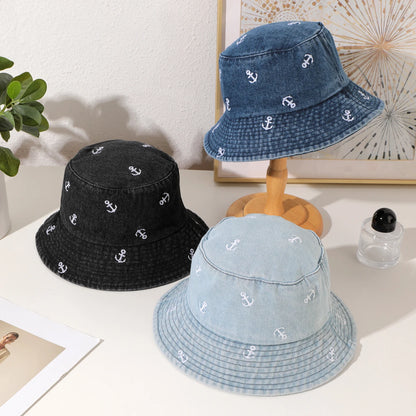 Korean Washed Denim Anchor Fisherman Bucket Hat