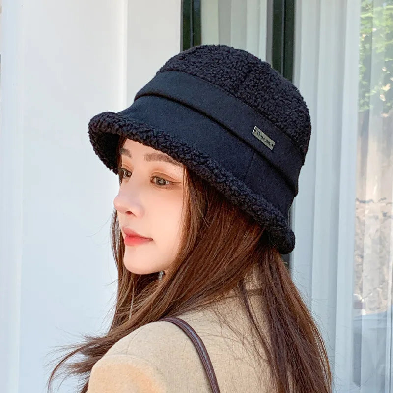 Autumn Winter Knitted Plush Warm Bucket Hat for Women