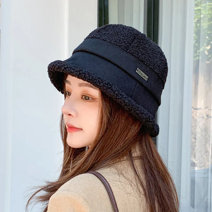 Autumn Winter Knitted Plush Warm Bucket Hat for Women