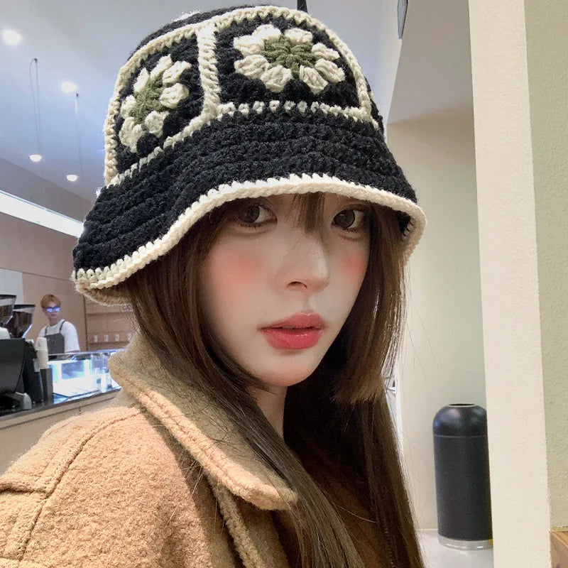 New Korean Handmade Crochet Flower Bucket Hat