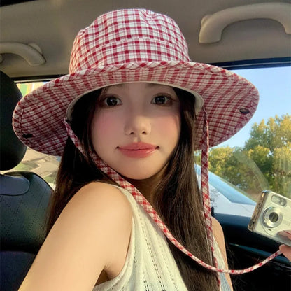 Ins Retro Red Plaid Big Brim Bucket Hat