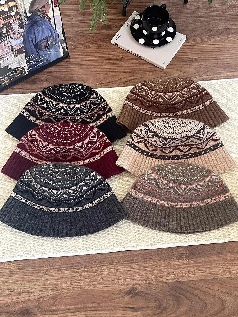 Vintage Fair Isle Knit Wool Bucket Hat