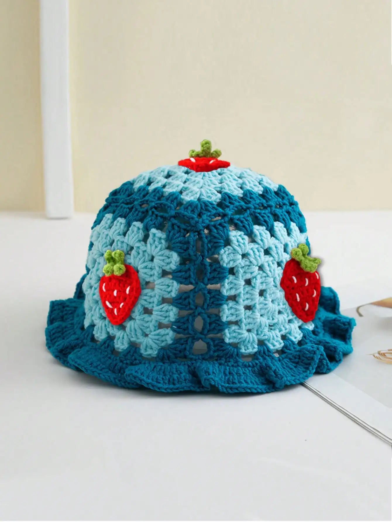 Bohemian Strawberry Crochet Ruffled Edge Bucket Hat