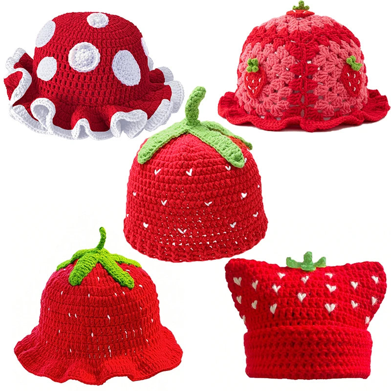 Cartoon Strawberry Crochet Ruffled Bucket Hat