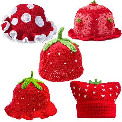 Cartoon Strawberry Crochet Ruffled Bucket Hat