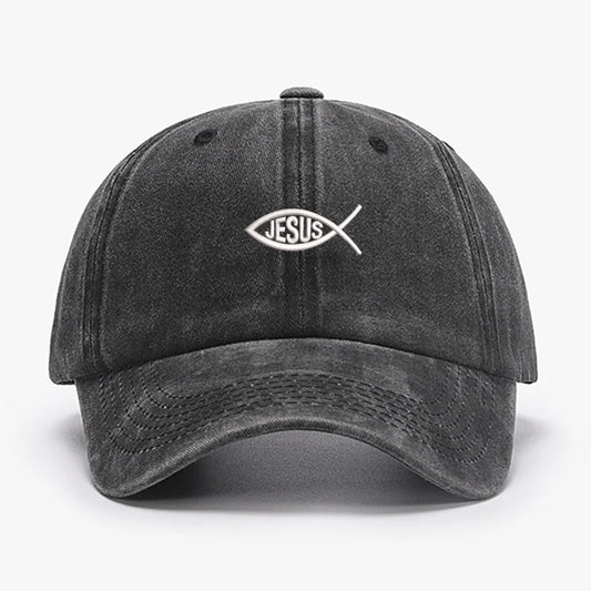Embroidered Jesus Fish Washed Cotton Baseball Cap
