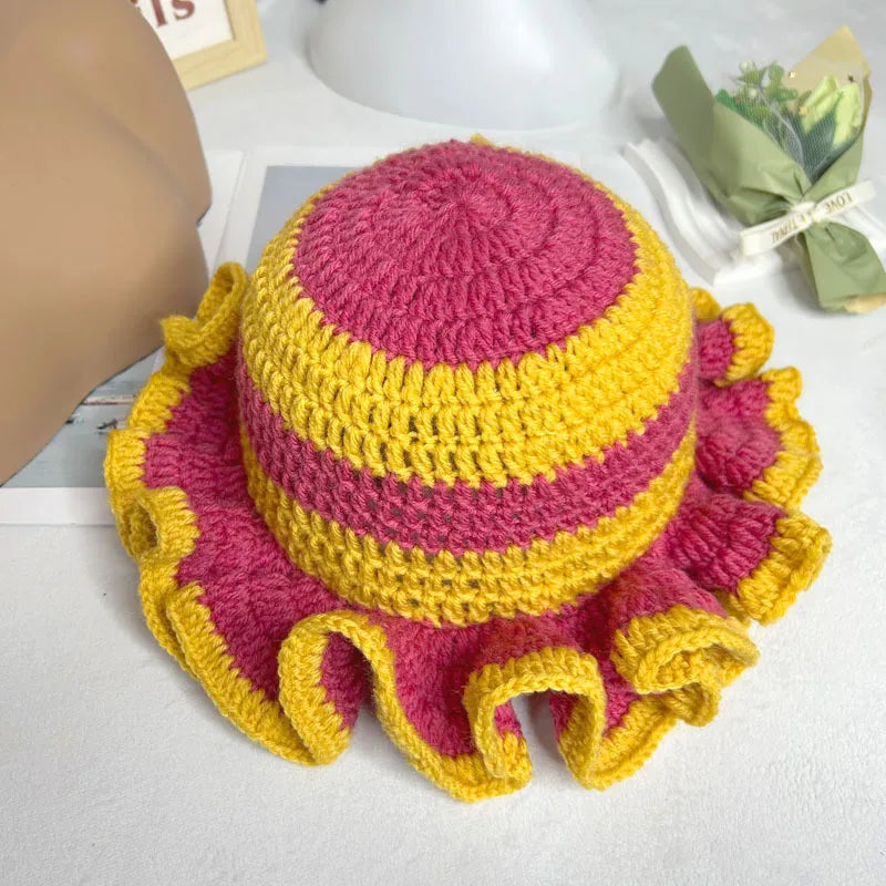 Womens Acrylic Knitted Wide Brim Bucket Hat