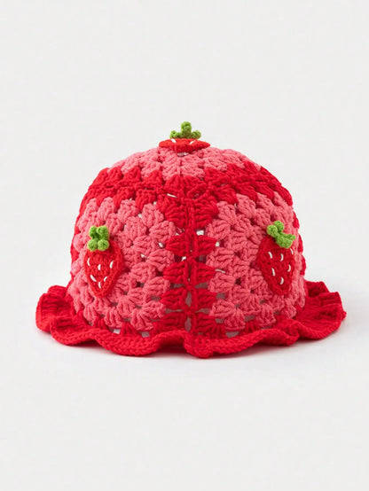 Cartoon Strawberry Crochet Ruffled Bucket Hat