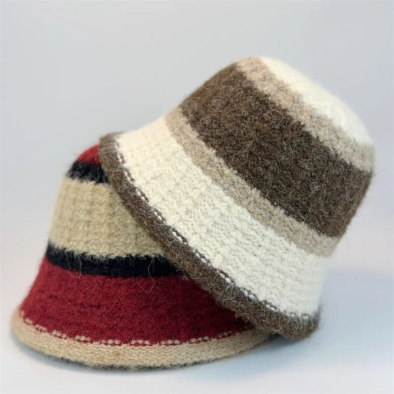 Wide-Striped Knitted Winter Bucket Hat