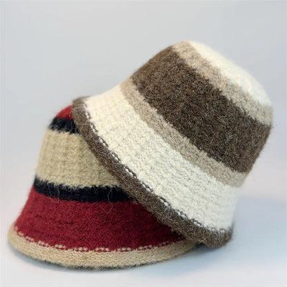 Wide-Striped Knitted Winter Bucket Hat