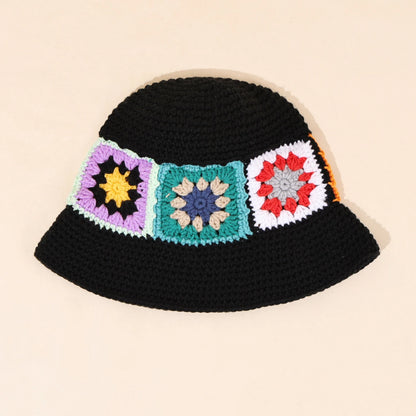 Black Knitted Wide Brim Flower Patch Bucket Hat